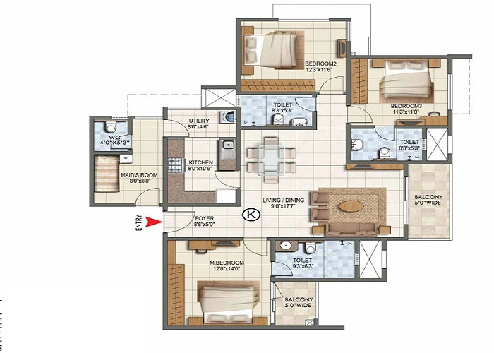 Sobha Sienna 3 BHK Floor Plan Layout